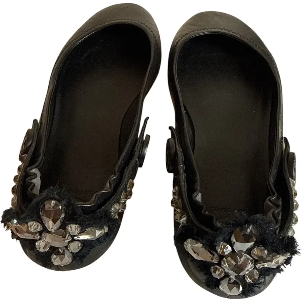 Tory Burch Black Leather Crystal Convertible Mary Jane Ballet Flats Size 8 EUC